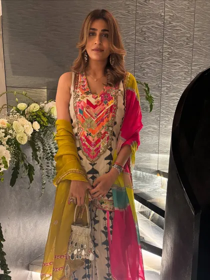 A full shot of my multi-colored printed sharara. The mix of colors and patterns creates a bold and eye-catching festive look.