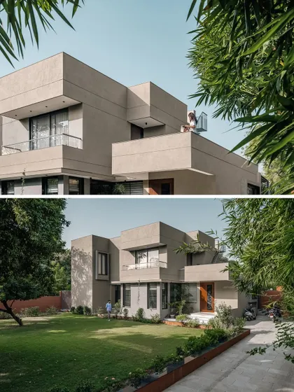 **The Glow House, Ahmedabad:** These two views show the home's relationship with its site. The upper terrace offers an elevated perspective, while the ground view highlights how the structure is nestled among mature trees, providing both privacy and a connection to nature.