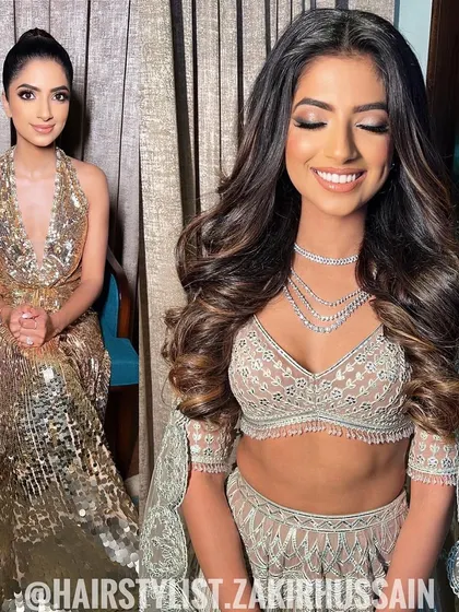 I designed this glamorous look for a reception party, featuring voluminous, soft curls and a sleek, high ponytail. This style is perfect for a modern bride who wants a chic and comfortable hairstyle for a long evening of celebrations.