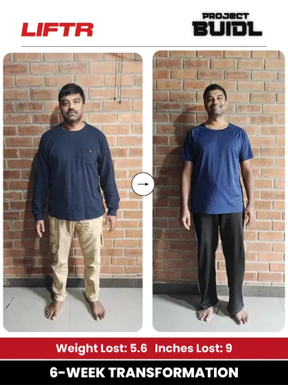 Ankur had never been to a gym before, but in six weeks he lost 5.6 kg and 9 inches. This front view shows his amazing start to his fitness journey.