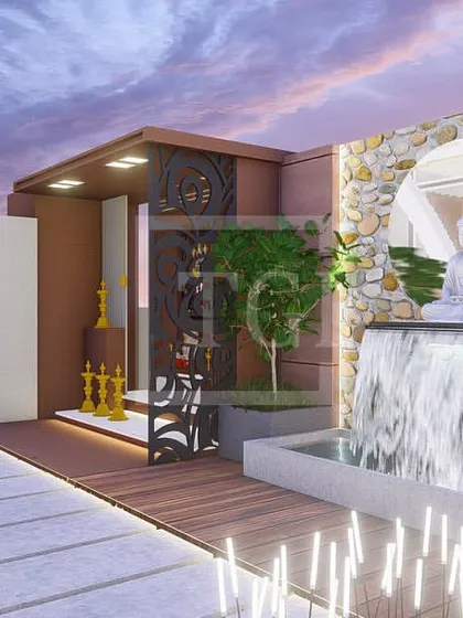 A wider view of the proposed Kolkata design, showing the seamless integration of the mandir, the water feature, and the illuminated pathway.