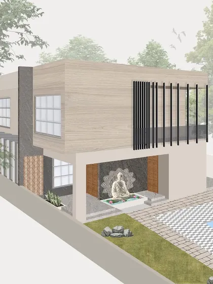 A conceptual illustration for a weekend villa, showing how we integrate the building with its landscape, including a pool and serene outdoor seating.