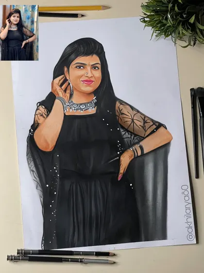 This A3 colored pencil portrait captures a woman in a stylish black dress. I focused on the sheer, patterned sleeves and the silver jewelry to add detail and texture.