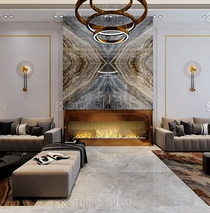 A formal drawing room in Alameda, centered around a modern fireplace with a book-matched marble surround and elegant, symmetrical seating.