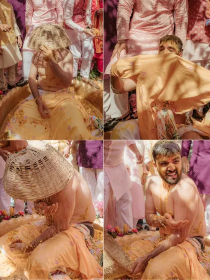 More fun moments from the groom's Haldi. This collage shows the playful rituals and the groom's priceless expressions as he's covered in turmeric.