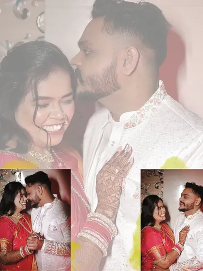 A creative collage blending colour and monochrome photos from a traditional engagement ceremony.