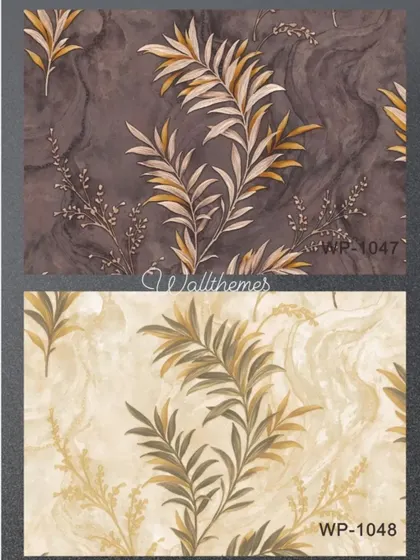 Two color options for a botanical wallpaper, one on a dark brown background and one on a light cream background.