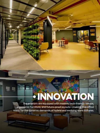 A composite image highlighting innovation at VentureX. The top shows a biophilic corridor and breakout space, while the bottom displays a lounge with vibrant wall art, reflecting a modern, tech-friendly, and dynamic work culture.