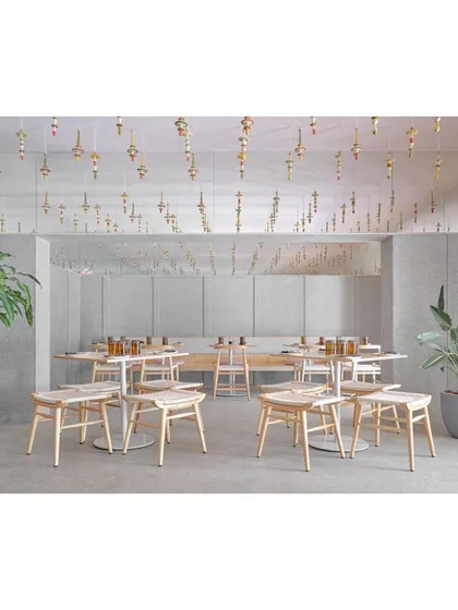 At Lucky Chan, we used a ceiling installation of 180 handcrafted Channapatna modules to create a playful, immersive environment. The reflection in the mirrored beams creates an infinite pattern, transforming the ceiling into a key feature of this modern dim sum and sushi parlour.