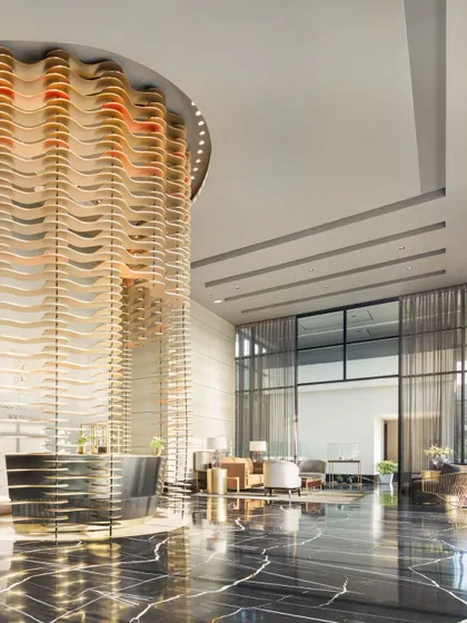 The Godrej South Estate Experience Centre is designed to guide visitors through an immersive brand story. The central modular facade, crafted from layered MDF plates, creates a dramatic focal point while defining the circulation path through the expansive, light-filled space.
