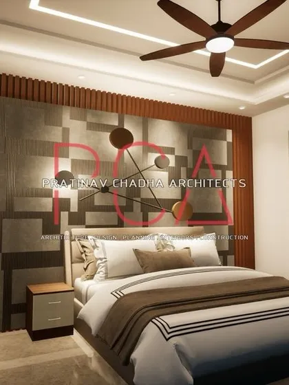 A bedroom concept for the Vasant Kunj project, with a geometric feature wall combining texture, wood, and artistic circular elements.