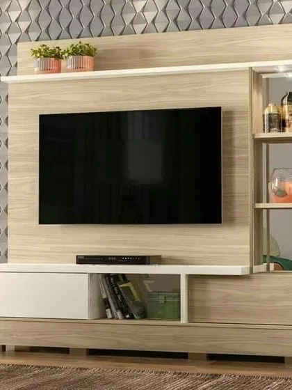 This entertainment center combines a textured back panel with a light wood and white console. The glass side shelf is perfect for displaying decorative items.