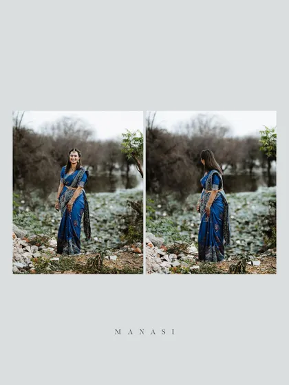 An album layout diptych of the bride in her blue saree, capturing her from different angles in the serene landscape.