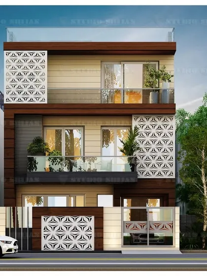 The front elevation view of the 202 sq. yard Rajender Nagar project, showing how the geometric patterns of the gate and facade screens create a cohesive and unique architectural identity.