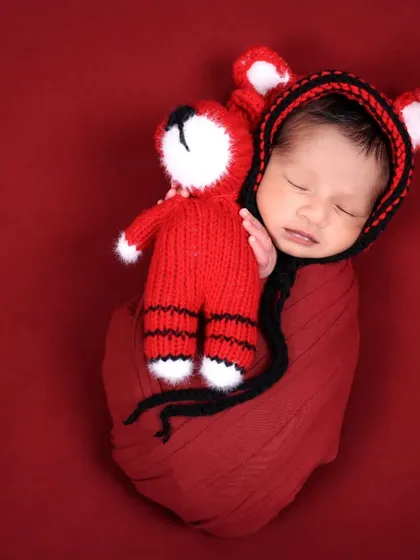 A cute and playful newborn portrait. The baby is dressed in a red wrap and a charming knitted fox bonnet, cuddling a matching toy.