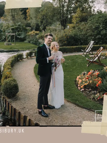 A candid photo of the couple sharing a laugh by the water in Bibury, UK. These are the genuine moments that make a wedding story unforgettable.