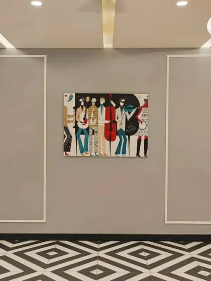 This 4ft musical-themed canvas was a joy to create for a client's living hall in Orissa. My work often explores different styles, and this piece showcases a more graphic, patterned approach to capture the vibrant energy of a jazz band.
