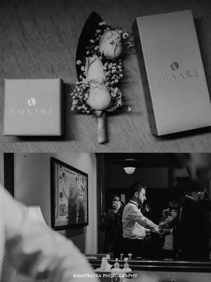 A black and white collage showing the details of the groom's attire and him getting ready for the big day.