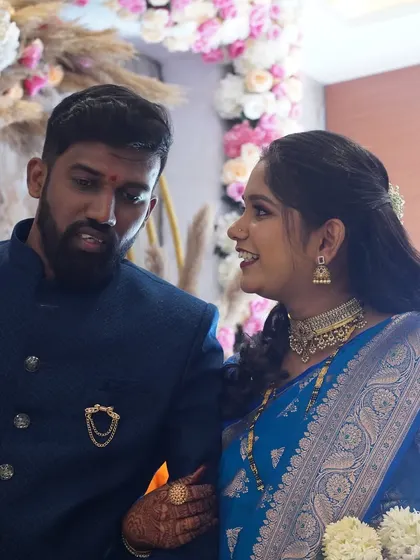 A beautiful portrait of the couple. The bride's makeup is perfectly balanced to complement her traditional attire and the evening's ambiance.