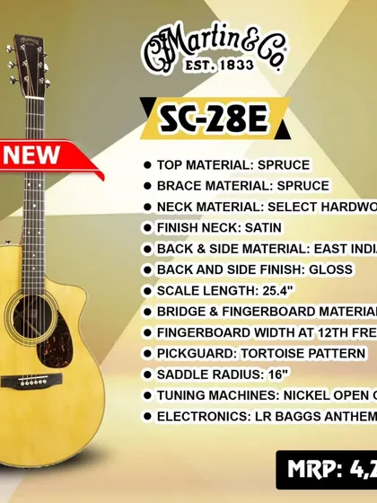 The new Martin SC-28E, featuring a revolutionary cutaway design for complete access to the fretboard. This graphic details its spruce top, East Indian rosewood body, and LR Baggs Anthem electronics.
