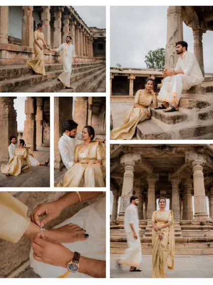 A collage showcasing a couple's pre-wedding shoot at the magnificent Melkote temple. We explore different angles and spots within the location to tell a complete visual story.