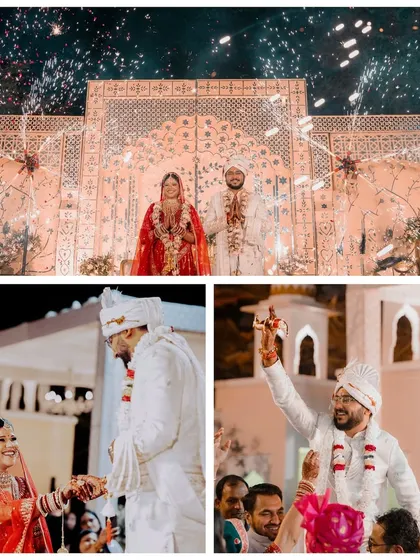 From the grand stage to the triumphant moments, this collage captures the energy of the wedding ceremony. The fireworks and the couple's joyful expressions tell a story of a truly grand celebration.