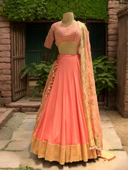 This full view of the peach lehenga on a mannequin showcases its elegant silhouette and the beautiful contrast of the textured blouse and plain skirt.