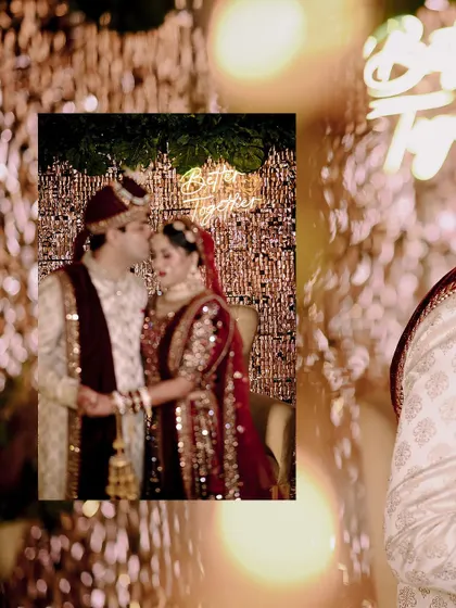 A creative collage capturing the romantic atmosphere of the wedding with beautiful lighting.
