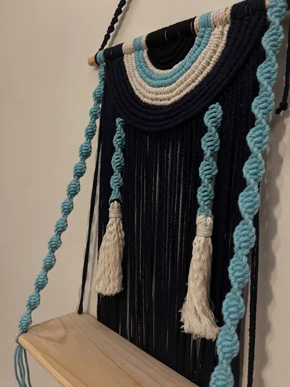 I designed this evil eye themed wall shelf to bring good vibes and style to your space. The dark navy and light blue colors create a beautiful contrast.