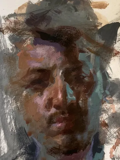 A self-portrait in acrylic on paper, titled "Inner expressions." This is a more abstract and forceful exploration of self.