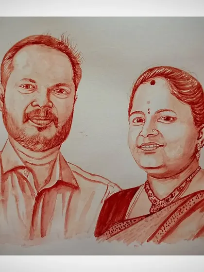 A blood portrait of a smiling couple, commissioned as a special gift.