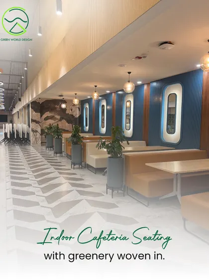 For the indoor cafeteria at Accenture, I wove greenery into the seating arrangements. This integration of plants softens the architecture and creates a more relaxed, restorative dining experience within a corporate setting.