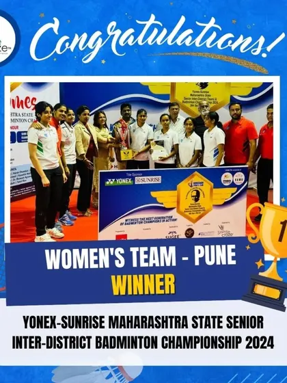 A graphic celebrating the Women's Team from Pune as the winners of the Yonex-Sunrise Maharashtra State Senior Inter-District Badminton Championship.