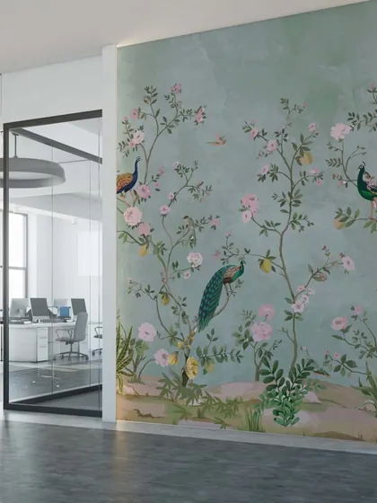 This office space is elevated by the calming presence of our Traditional Peacock Harvest Garden wallpaper. It’s a perfect choice for creating a focused and aesthetically pleasing work environment.