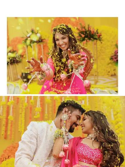 A collage from a Haldi ceremony, showing the bride's playful pose and an intimate moment with her groom.