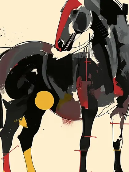 A series of stylized, abstract horse paintings. These artworks use bold lines and fragmented colors to capture the power and grace of the horse, making them a dynamic addition to any modern art collection.