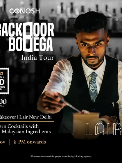 Modern Malaysian cocktails in the capital. This poster announces the Backdoor Bodega India tour's stop in New Delhi, where mixologist Thanesh Kumar took over the bar at Lair to craft cocktails with local Malaysian ingredients.