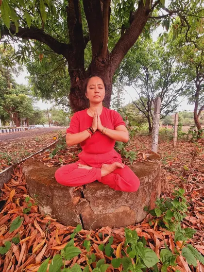 Yoga doesn't only mean bending. It also means keeping the head, neck, and spine straight and erect, as seen in this meditative pose. This is the foundation of our practice.