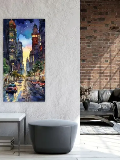 This vertical painting of a city street at dusk adds a touch of urban sophistication to this industrial-style room. We offer art prints that can be customized to fit your space.