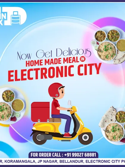 I now deliver delicious homemade meals in Electronic City. This image shows my commitment to expanding my service area, bringing my tiffin boxes to more homes and offices.