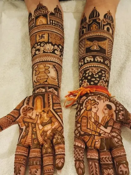 This design captures the varmala and pheras ceremonies on the palms, with auspicious symbols like the swastika and kalash on the arms.