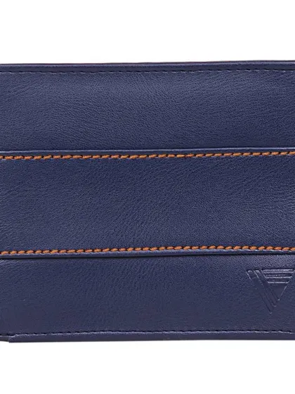 A frontal view of our navy blue genuine leather wallet. This image clearly shows the horizontal stitched band detailing and the subtle placement of our embossed brand logo on the exterior.