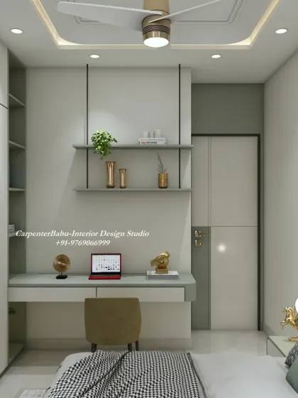 This bedroom features a compact study nook integrated with the wardrobe. The use of sage green and white creates a fresh and modern look, perfect for a smaller room.