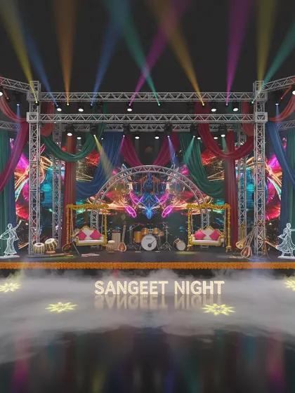 A colorful and traditional Sangeet night concept in 3D. This design incorporates vibrant drapes, swings for seating, and traditional motifs, blending modern stagecraft with cultural elements.