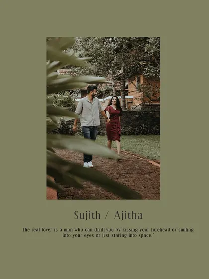 A candid shot of a couple walking hand-in-hand, framed with a green border and a romantic quote.