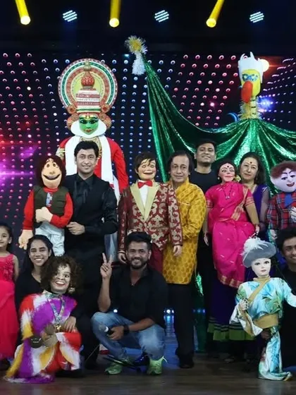 A full cast photo with all our puppets, from the smallest hand puppets to the largest stage characters. This is the Padhye puppet family.