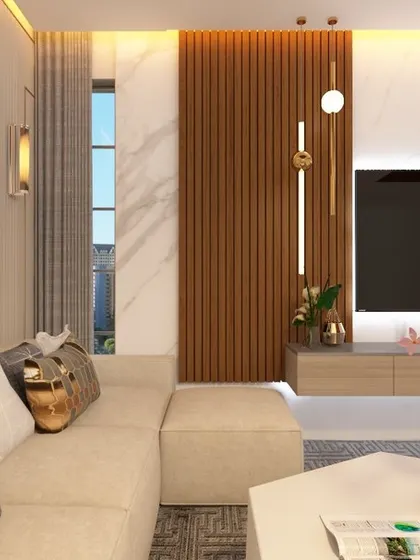 A close-up of a living room corner, showcasing the rich textures of the wooden media wall and the soft furnishings. This image highlights our attention to detail in material selection and decor.