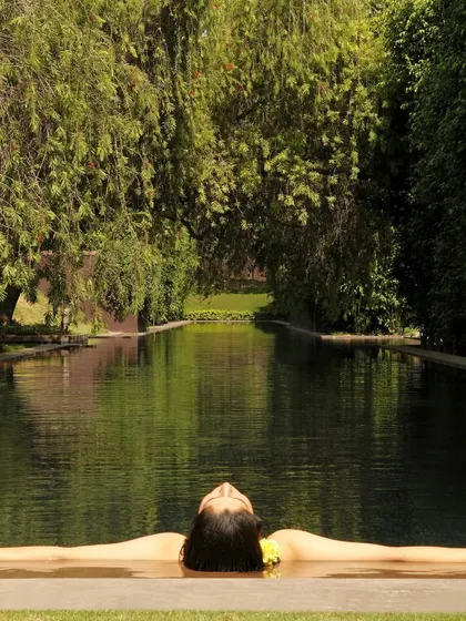 This image captures the essence of a day at The Roseate: relaxing by the water, surrounded by nature, in a space that feels like a world away from the city.