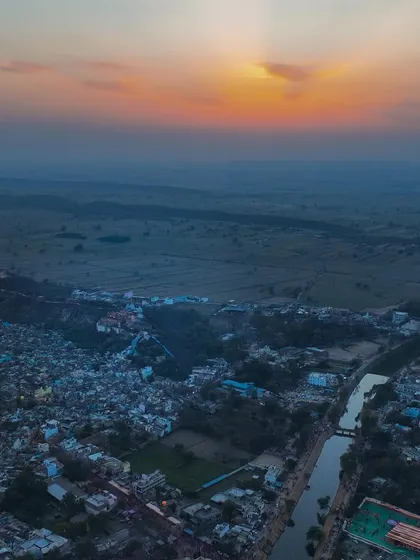 The landscape around Barsana at sunset. The temple sits atop a hill, overlooking the plains of Braj, a truly divine setting.