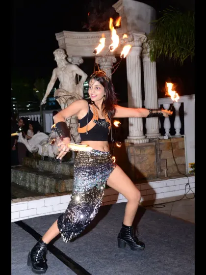 Another look at a performance at Mykos, showcasing a fire hoop and palm torches. We've been fortunate to help build a culture of performance art at venues like this across the city.